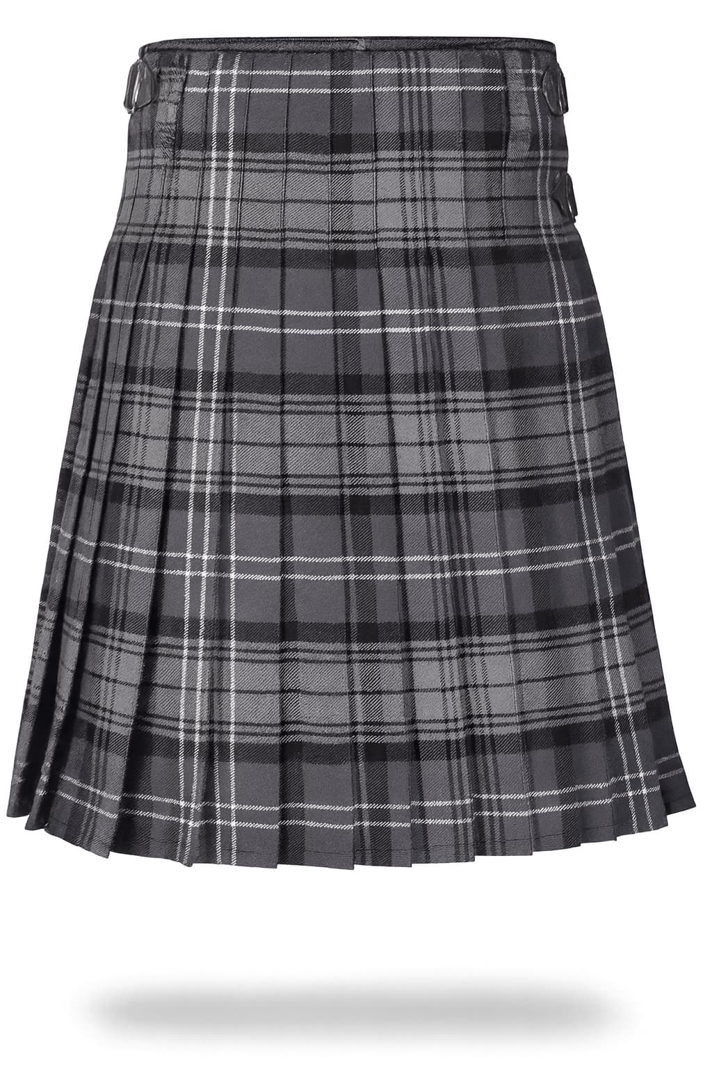 Hamilton Grey Tartan Kilt in grey, black and white Scottish tartan with adjustable leather buckle straps and pleated design