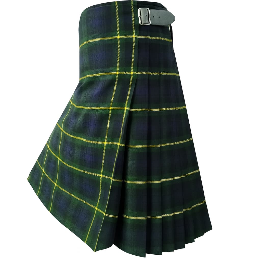 Gordon Tartan Kilt featuring traditional black, green and navy tartan with yellow lines, pleated design and adjustable leather buckle straps