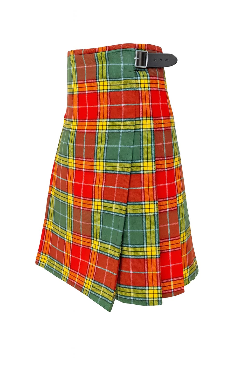 Buchanan Ancient Tartan Kilt in red and green acrylic wool with traditional knife pleats and adjustable leather straps Side.