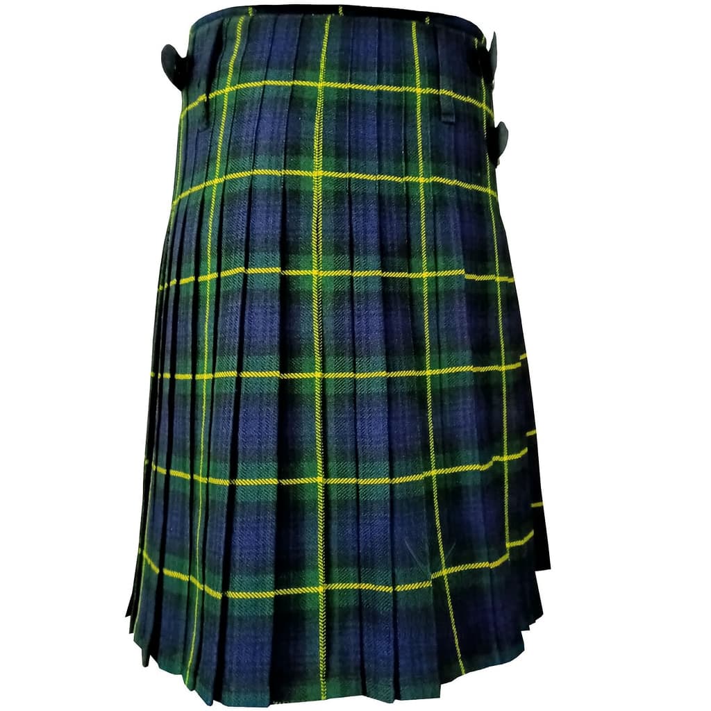 Gordon Tartan Kilt featuring traditional black, green and navy tartan with yellow lines, pleated design and adjustable leather buckle straps