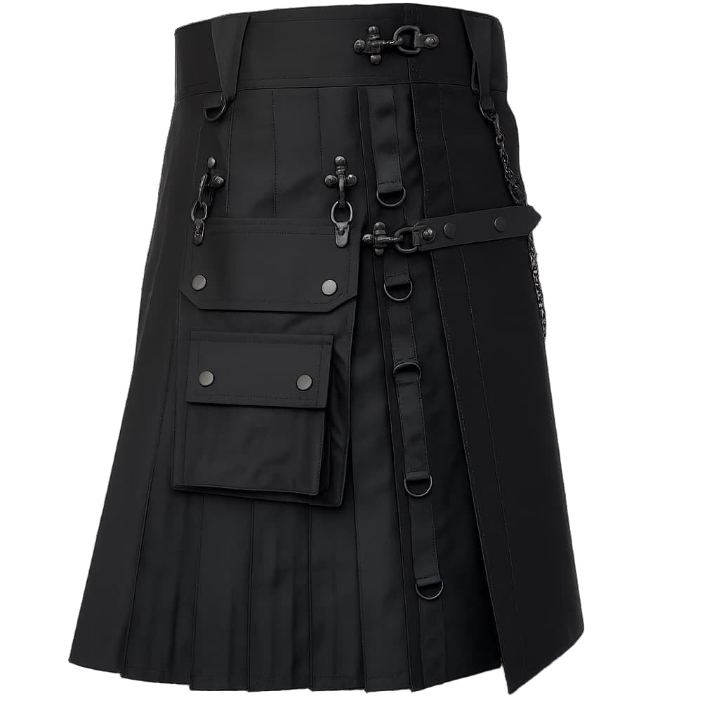 Black Gothic Utility Kilt with Chains and Multiple Cargo Pockets Side