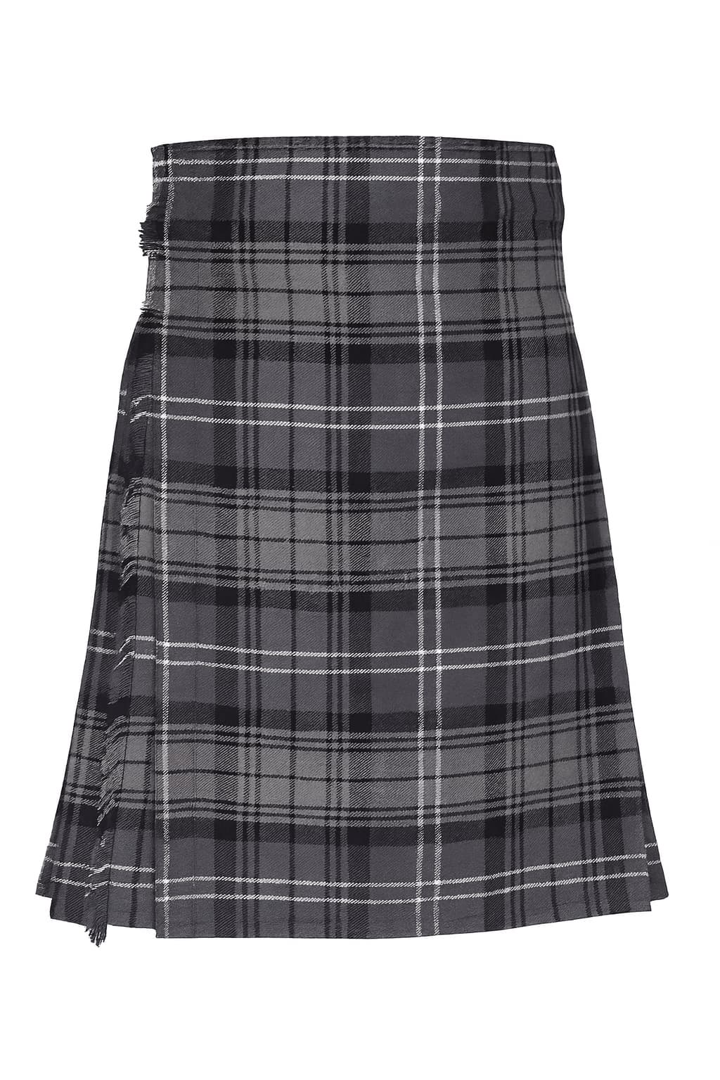 Hamilton Grey Tartan Kilt in grey, black and white Scottish tartan with adjustable leather buckle straps and pleated design