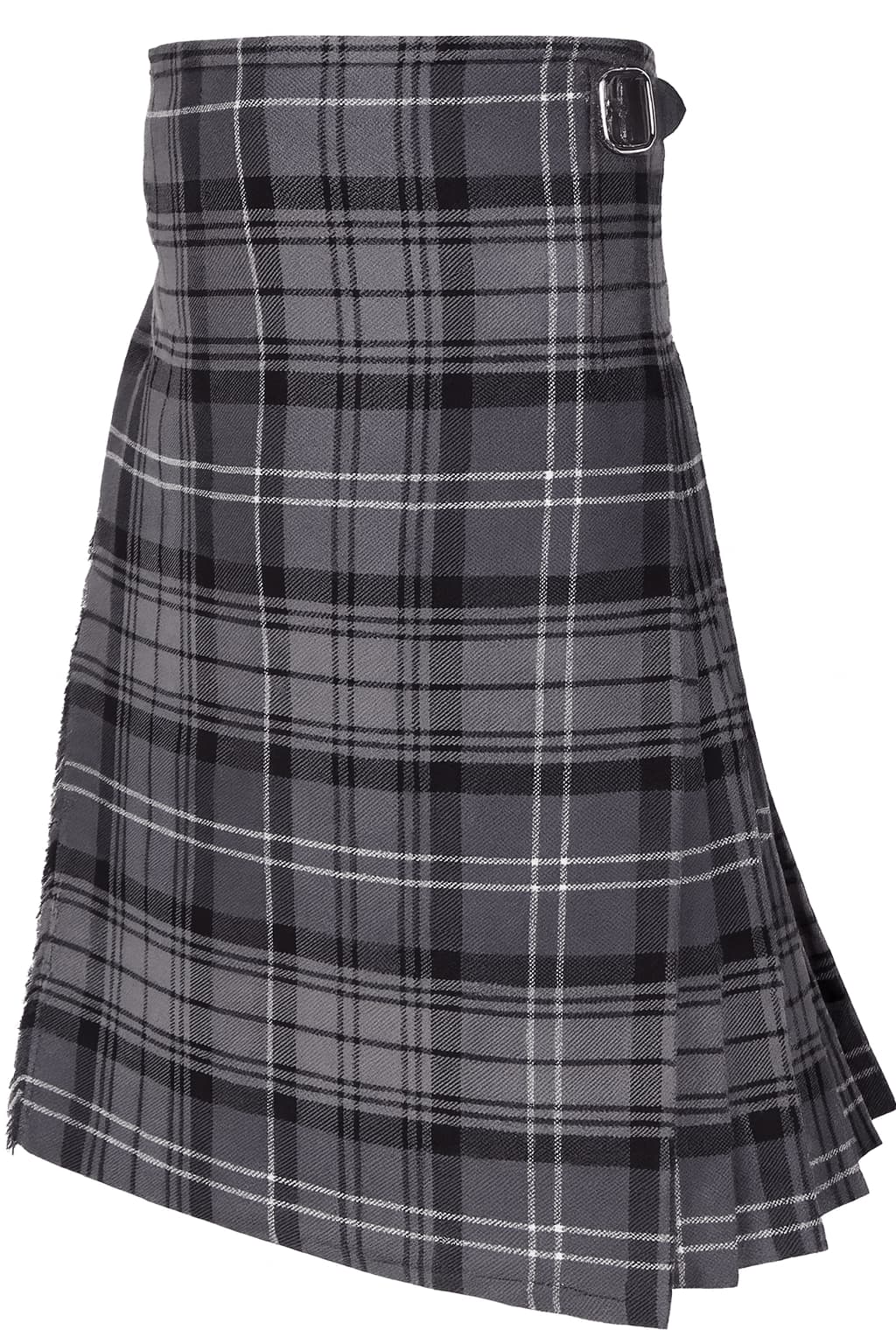 Hamilton Grey Tartan Kilt in grey, black and white Scottish tartan with adjustable leather buckle straps and pleated design