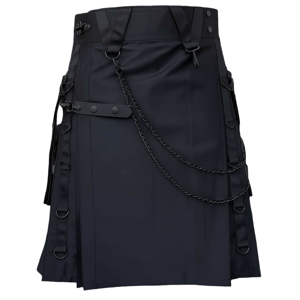 Black Gothic Utility Kilt with Chains and Multiple Cargo Pockets Front Side