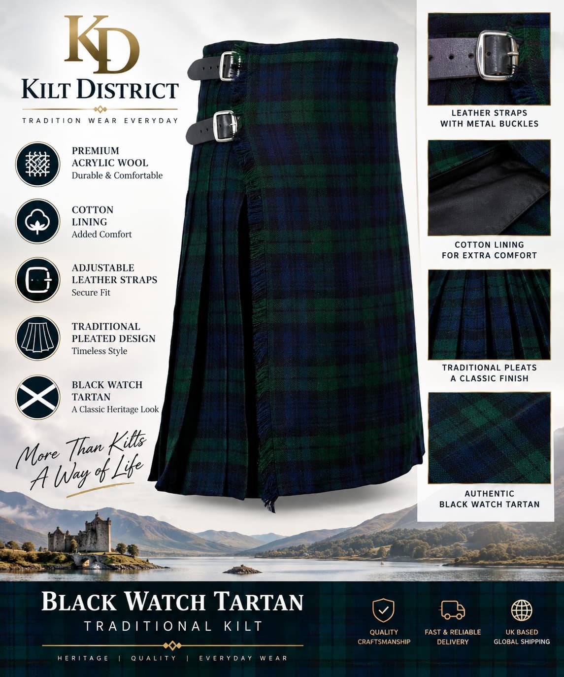 Black Watch Tartan Traditional Handmade Kilt - Acrylic Wool, 24" Drop