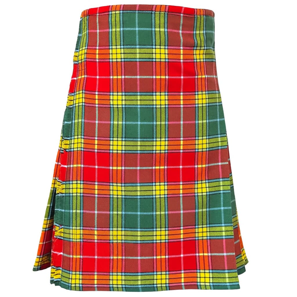 Buchanan Ancient Tartan Kilt in red and green acrylic wool with traditional knife pleats and adjustable leather straps Front.