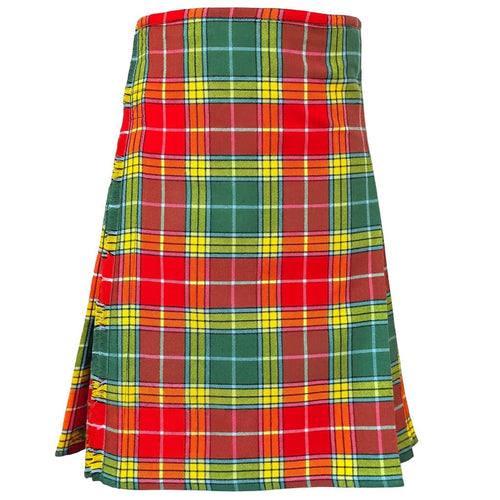 Buchanan Ancient Tartan Kilt in red and green acrylic wool with traditional knife pleats and adjustable leather straps Front.