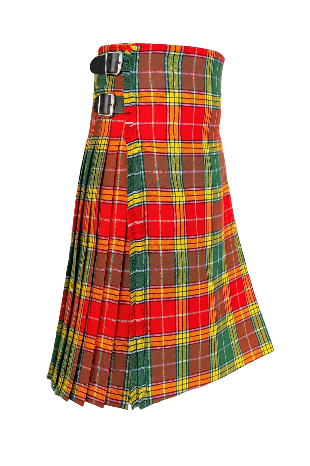 Buchanan Ancient Tartan Kilt in red and green acrylic wool with traditional knife pleats and adjustable leather straps Side.