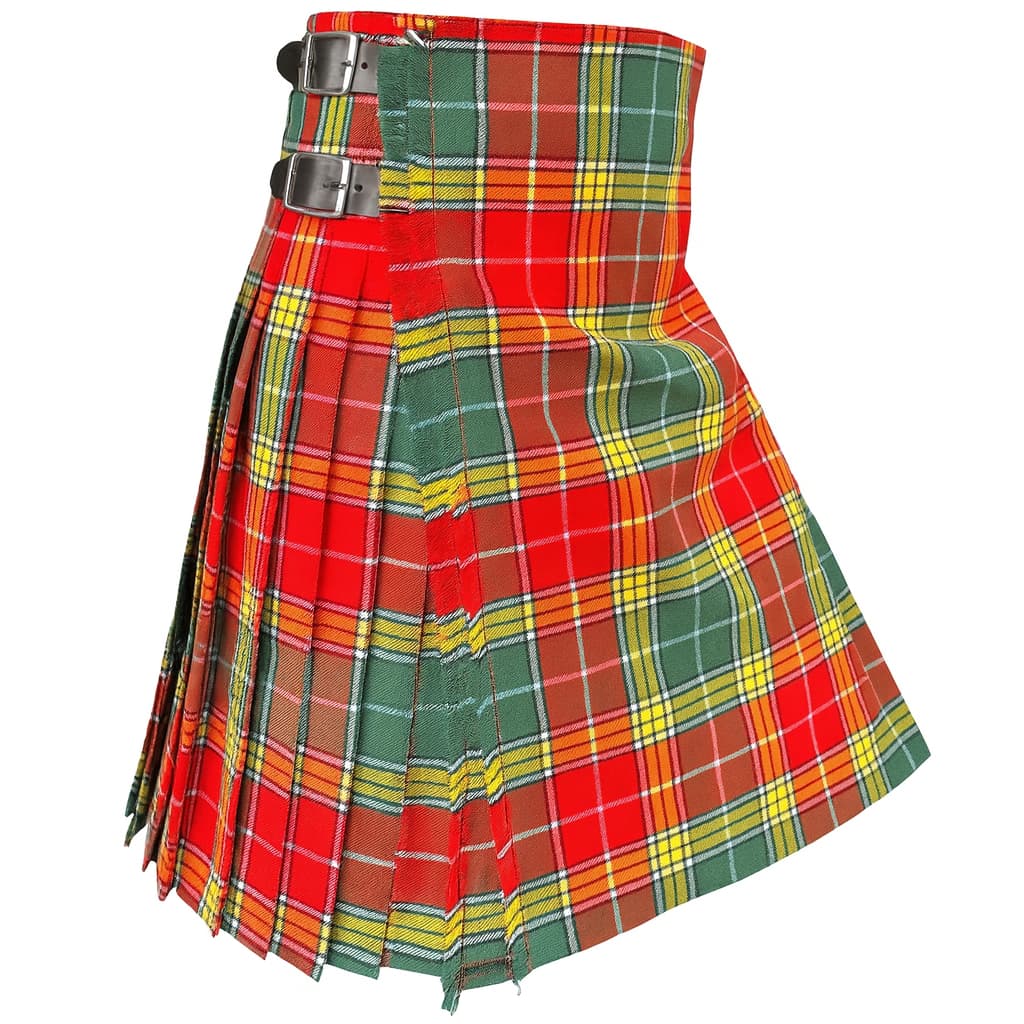 Buchanan Ancient Tartan Kilt in red and green acrylic wool with traditional knife pleats and adjustable leather straps Side.