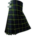 Gordon Tartan Kilt featuring traditional black, green and navy tartan with yellow lines, pleated design and adjustable leather buckle straps