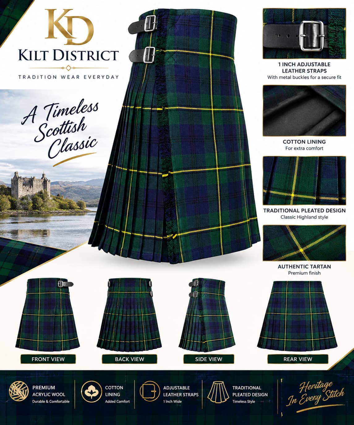 Clan Johnstone Modern Tartan Kilt 8 Yard Style  – Traditional Scottish Highland Kilt
