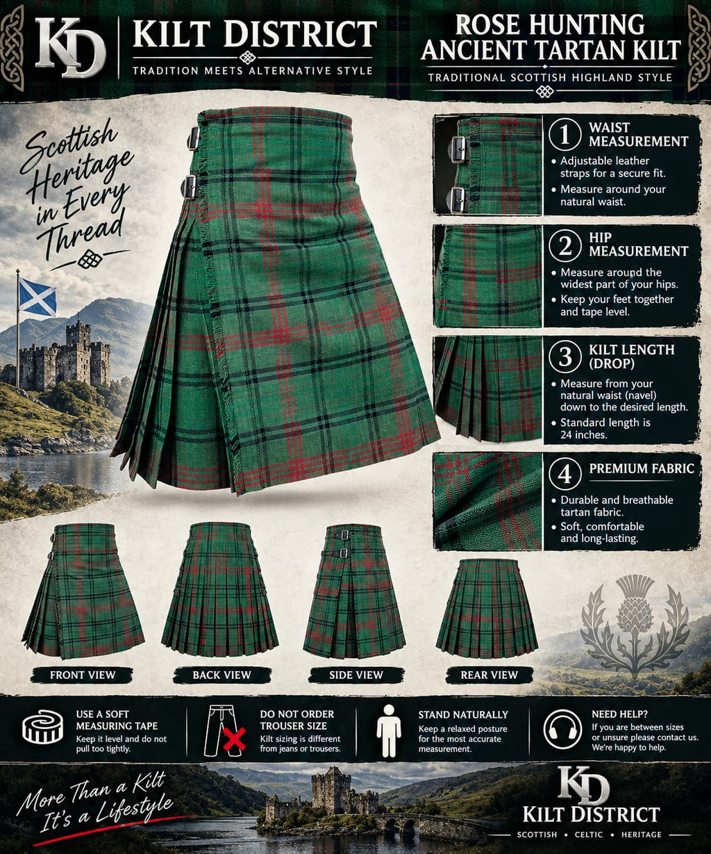 A promotional infographic for a Kilt District branded tartan kilt, showing the kilt from multiple angles with measurement guides, fabric details, and Scottish landscape imagery in the background.