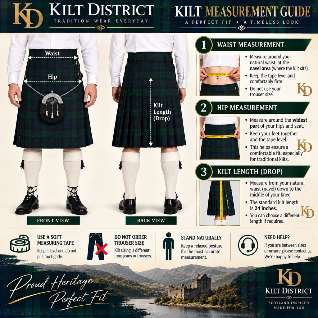A Kilt Measurement Guide infographic from Kilt District featuring front and back views of a black kilt with white trousers, showing measurement guides for waist, hip, and kilt length with text instructions and a scenic Scotland background.