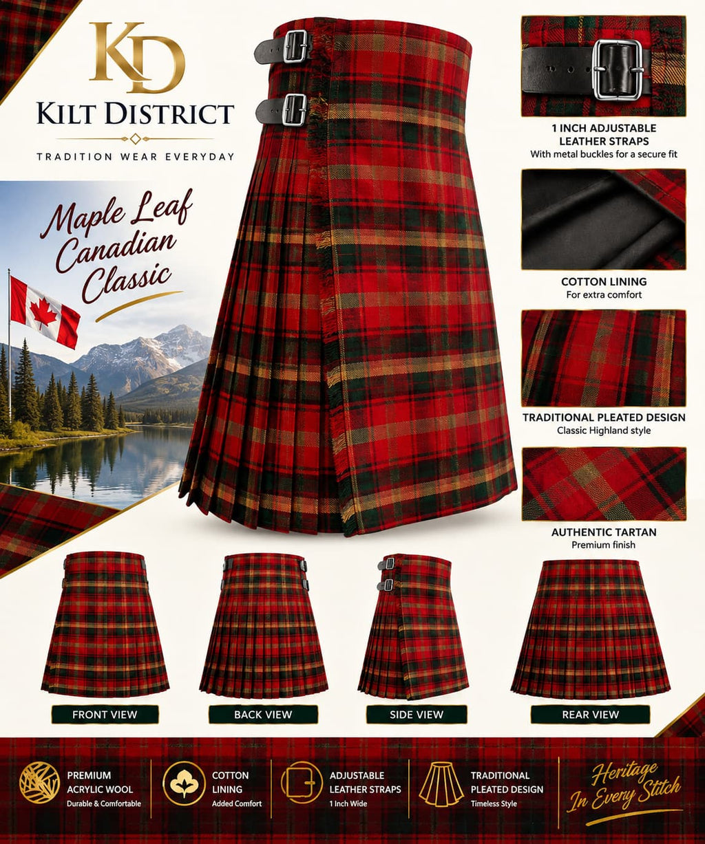 A promotional product graphic for a Kilt District Maple Leaf Canadian Classic tartan kilt, showing the front, back, side, and rear views of the pleated kilt. The main kilt is shown in a red, green, and black tartan pattern.
