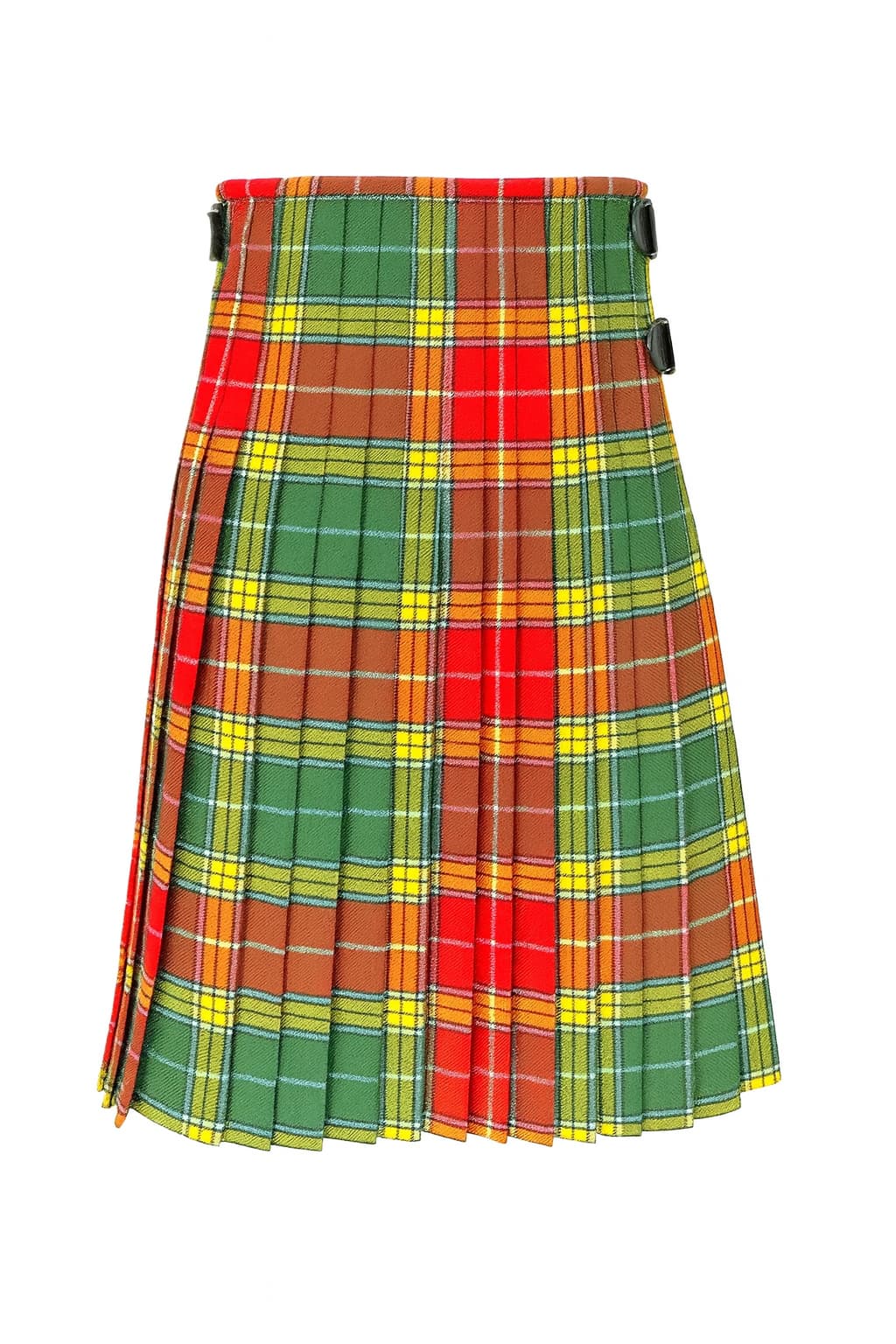 Buchanan Ancient Tartan Kilt in red and green acrylic wool with traditional knife pleats and adjustable leather straps Back Side.