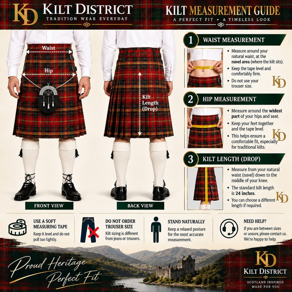 A Kilt Measurement Guide poster from Kilt District featuring a model wearing a tartan kilt, with measurement instructions for waist, hip, and kilt length, plus front and back views and sizing tips.