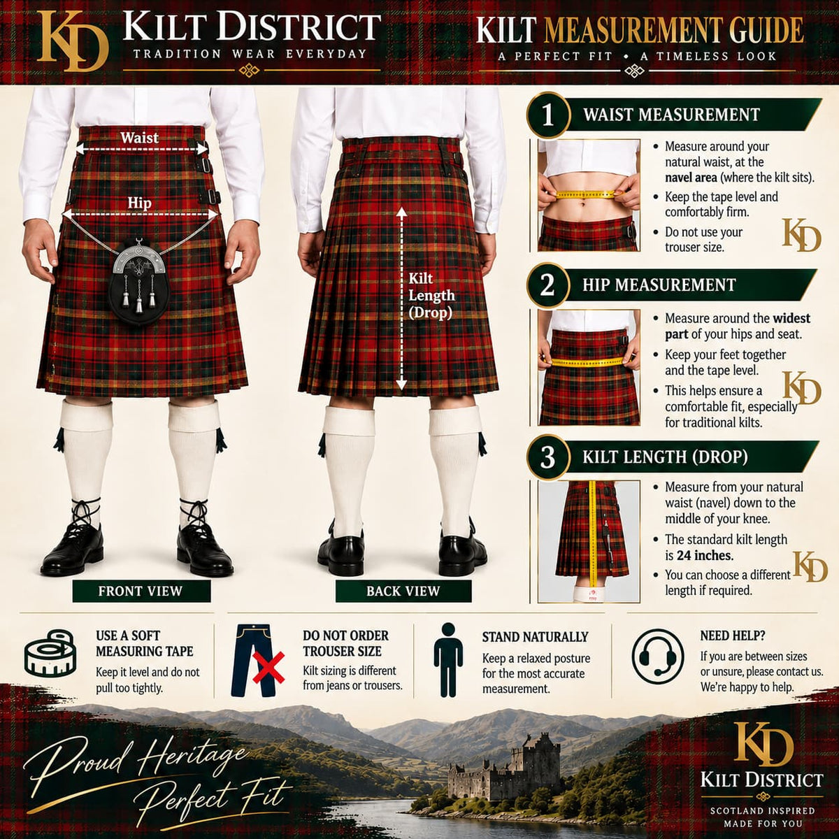 A Kilt Measurement Guide poster from Kilt District featuring a model wearing a tartan kilt, with measurement instructions for waist, hip, and kilt length, plus front and back views and sizing tips.