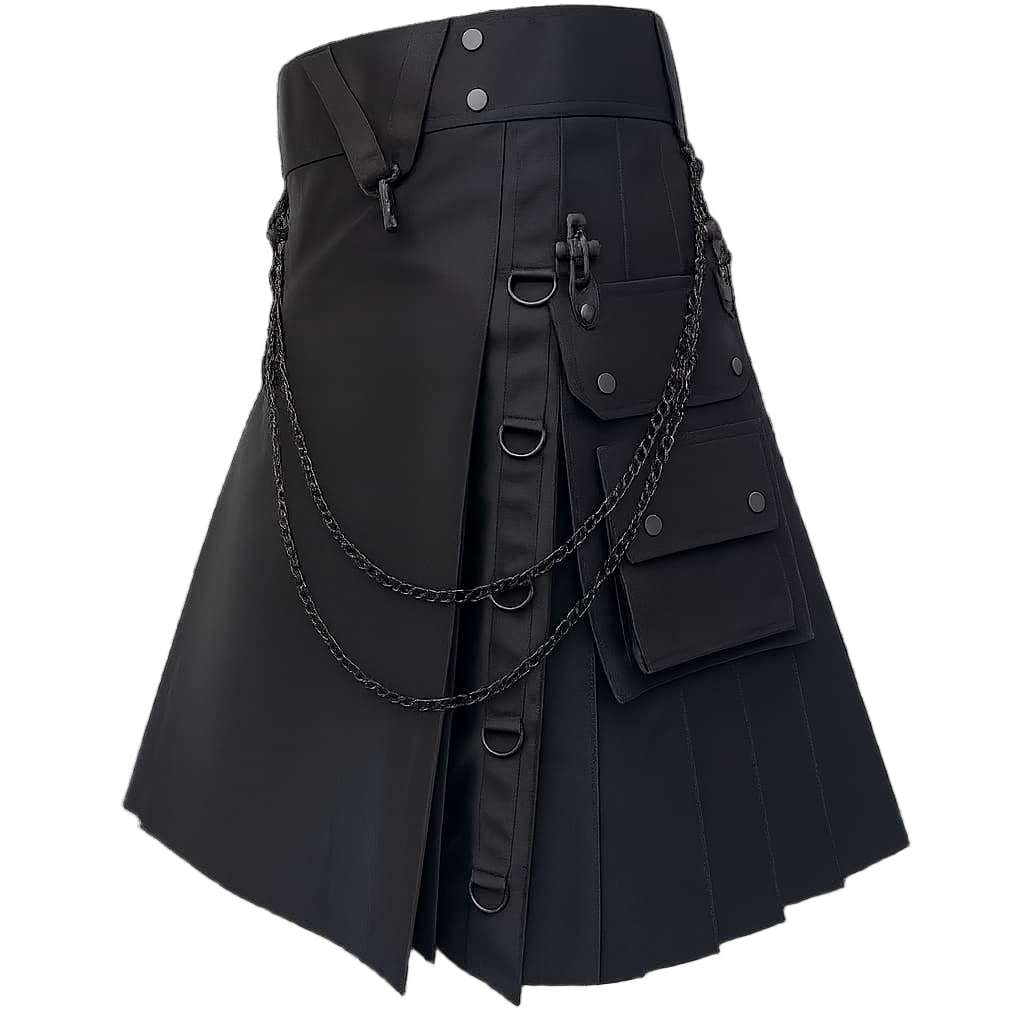 Black Gothic Utility Kilt with Chains and Multiple Cargo Pockets Side