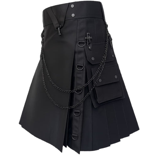 Black Gothic Utility Kilt with Chains and Multiple Cargo Pockets Side