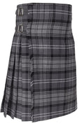 Hamilton Grey Tartan Kilt in grey, black and white Scottish tartan with adjustable leather buckle straps and pleated design