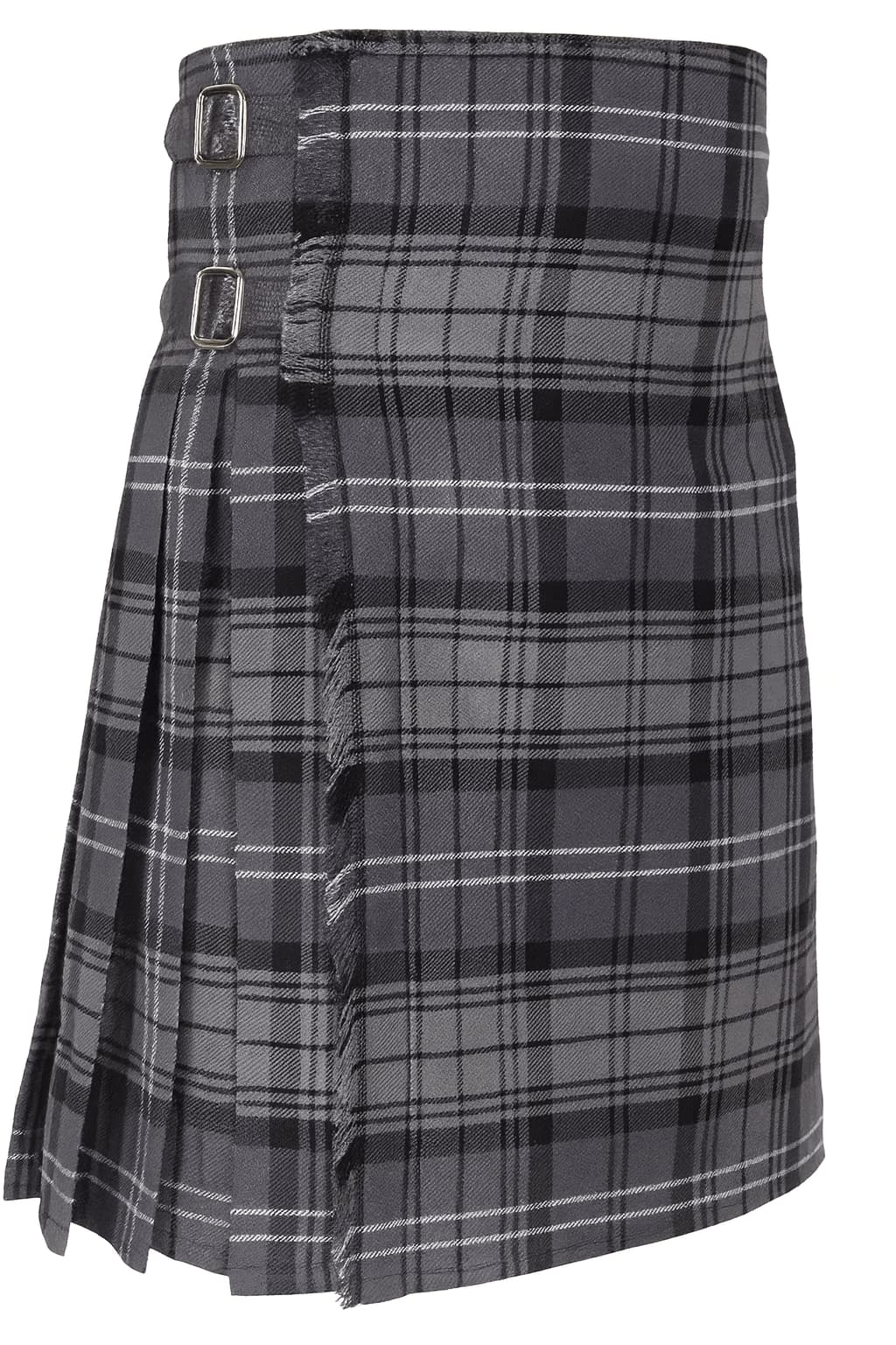 Hamilton Grey Tartan Kilt in grey, black and white Scottish tartan with adjustable leather buckle straps and pleated design