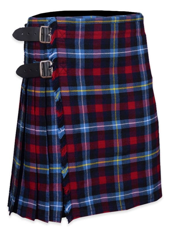Highland Titles Tartan Kilt for men featuring navy blue, red, light blue and yellow Scottish tartan with adjustable leather straps and metal buckles Side