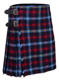 Highland Titles Tartan Kilt for men featuring navy blue, red, light blue and yellow Scottish tartan with adjustable leather straps and metal buckles Side
