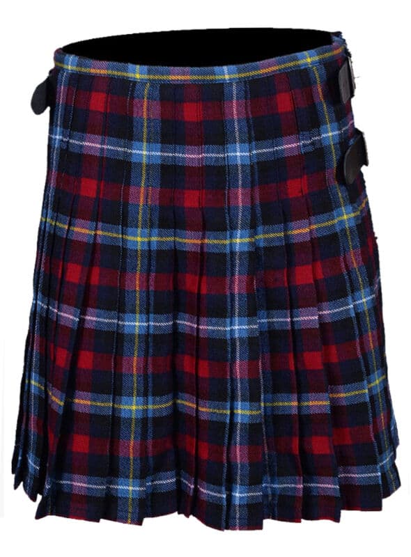 Highland Titles Tartan Kilt for men featuring navy blue, red, light blue and yellow Scottish tartan with adjustable leather straps and metal buckles Back