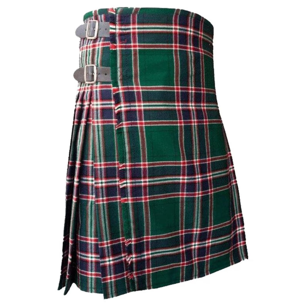 Clan MacFarlane Hunting Tartan Kilt in green, navy, red and white with pleated design and leather buckle straps Side.