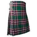 Clan MacFarlane Hunting Tartan Kilt in green, navy, red and white with pleated design and leather buckle straps Side.