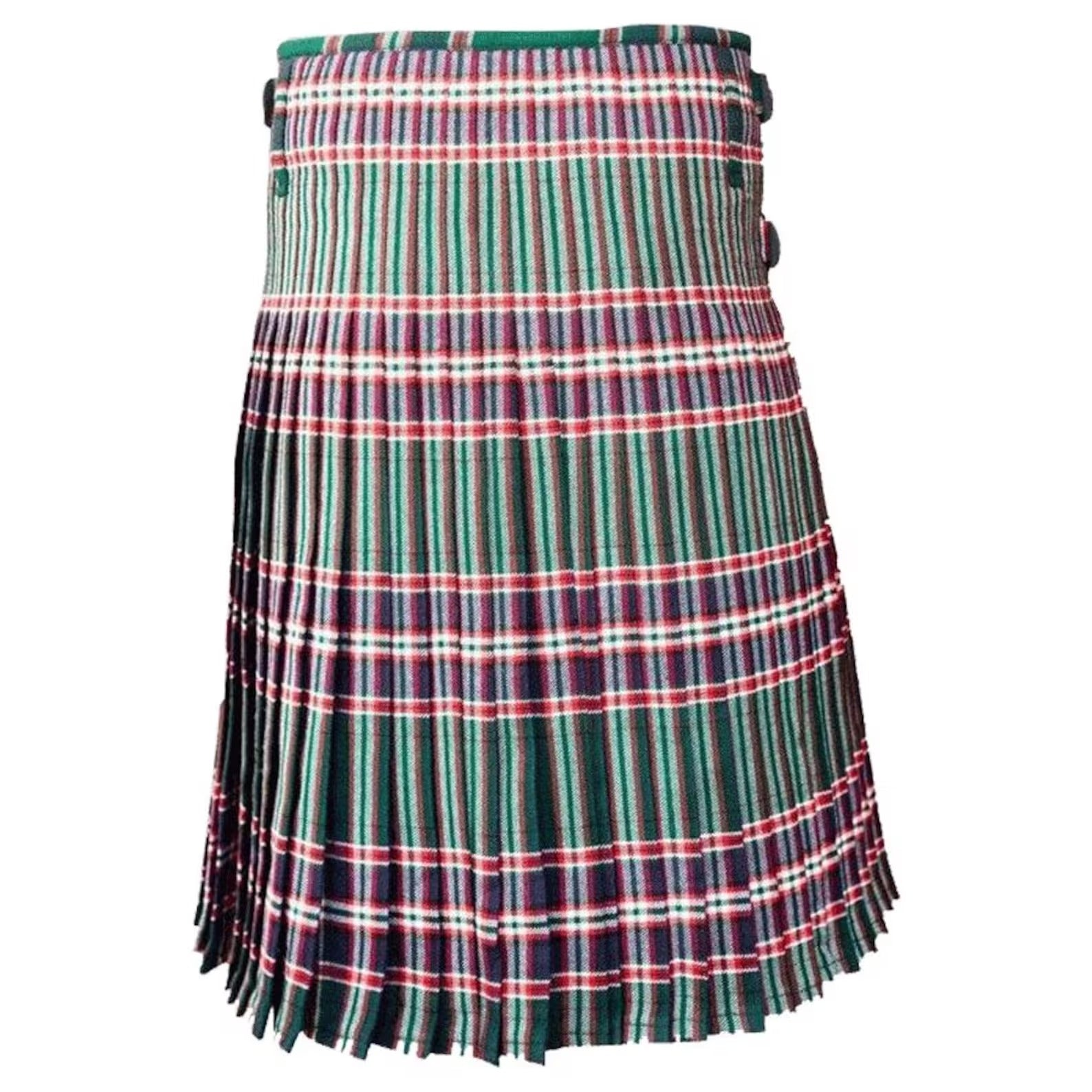Clan MacFarlane Hunting Tartan Kilt in green, navy, red and white with pleated design and leather buckle straps Back