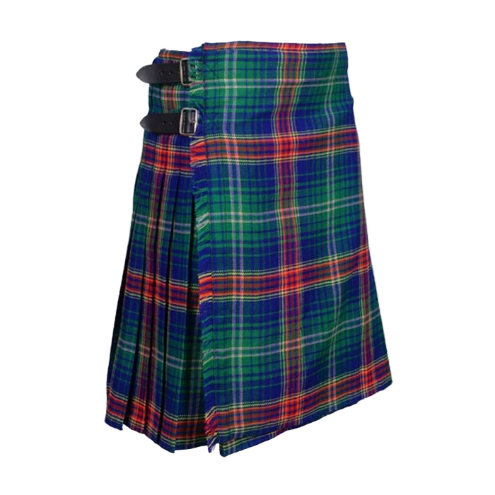 Hart of Scotland Modern Tartan Kilt in green and blue Scottish tartan with red and yellow stripes