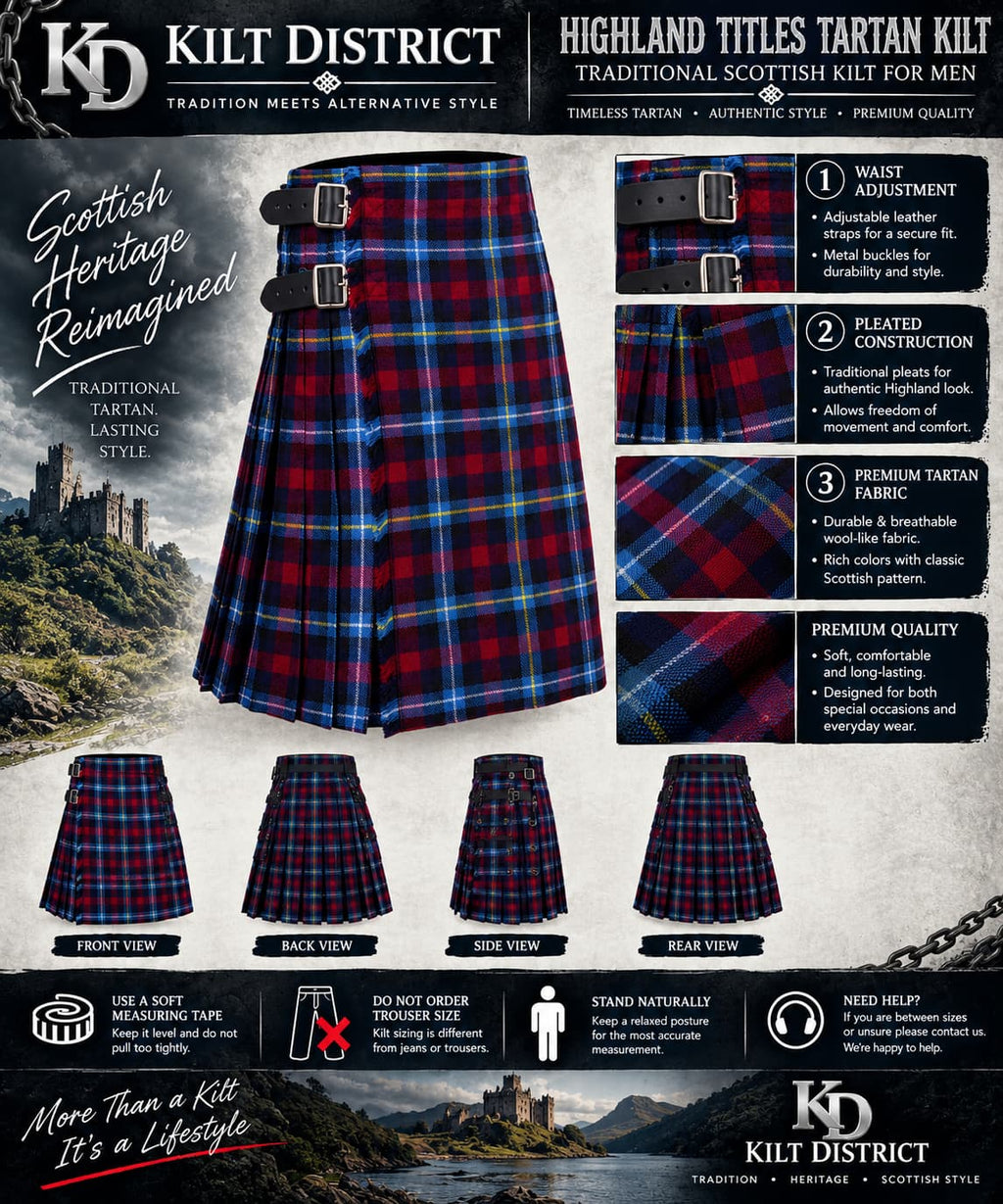 A promotional product graphic for a Kilt District branded tartan kilt. The main subject is a large plaid kilt shown front-facing, with smaller views of the same kilt from the side, back, and front below it.