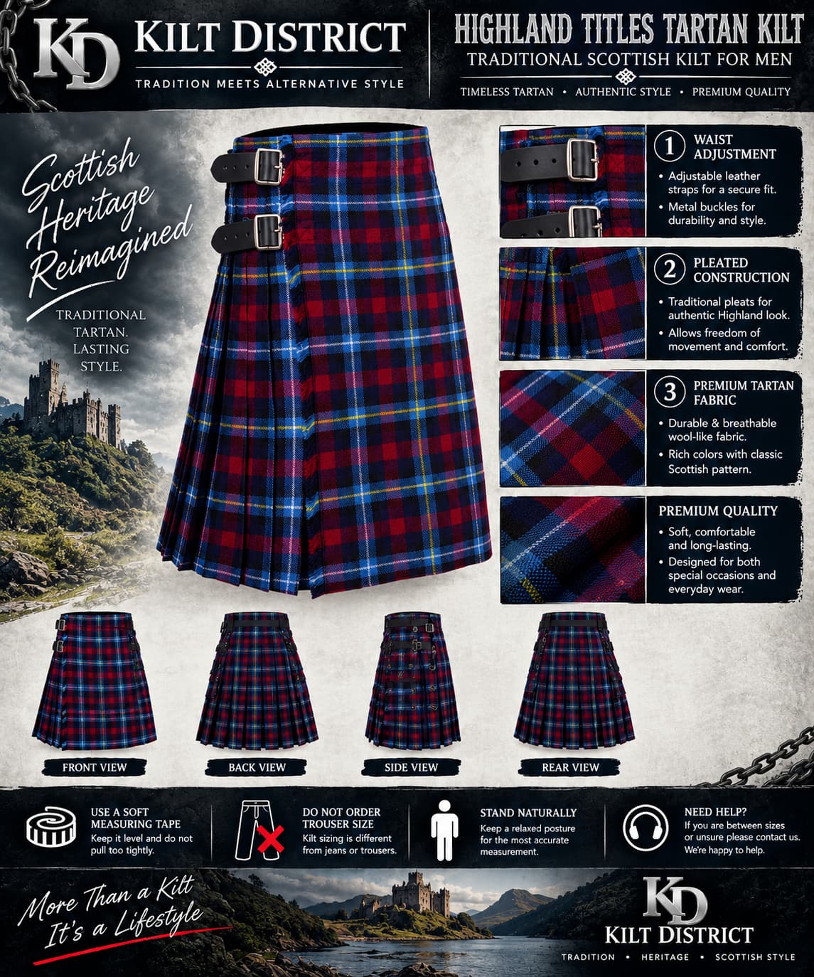 A promotional product graphic for a Kilt District branded tartan kilt. The main subject is a large plaid kilt shown front-facing, with smaller views of the same kilt from the side, back, and front below it.