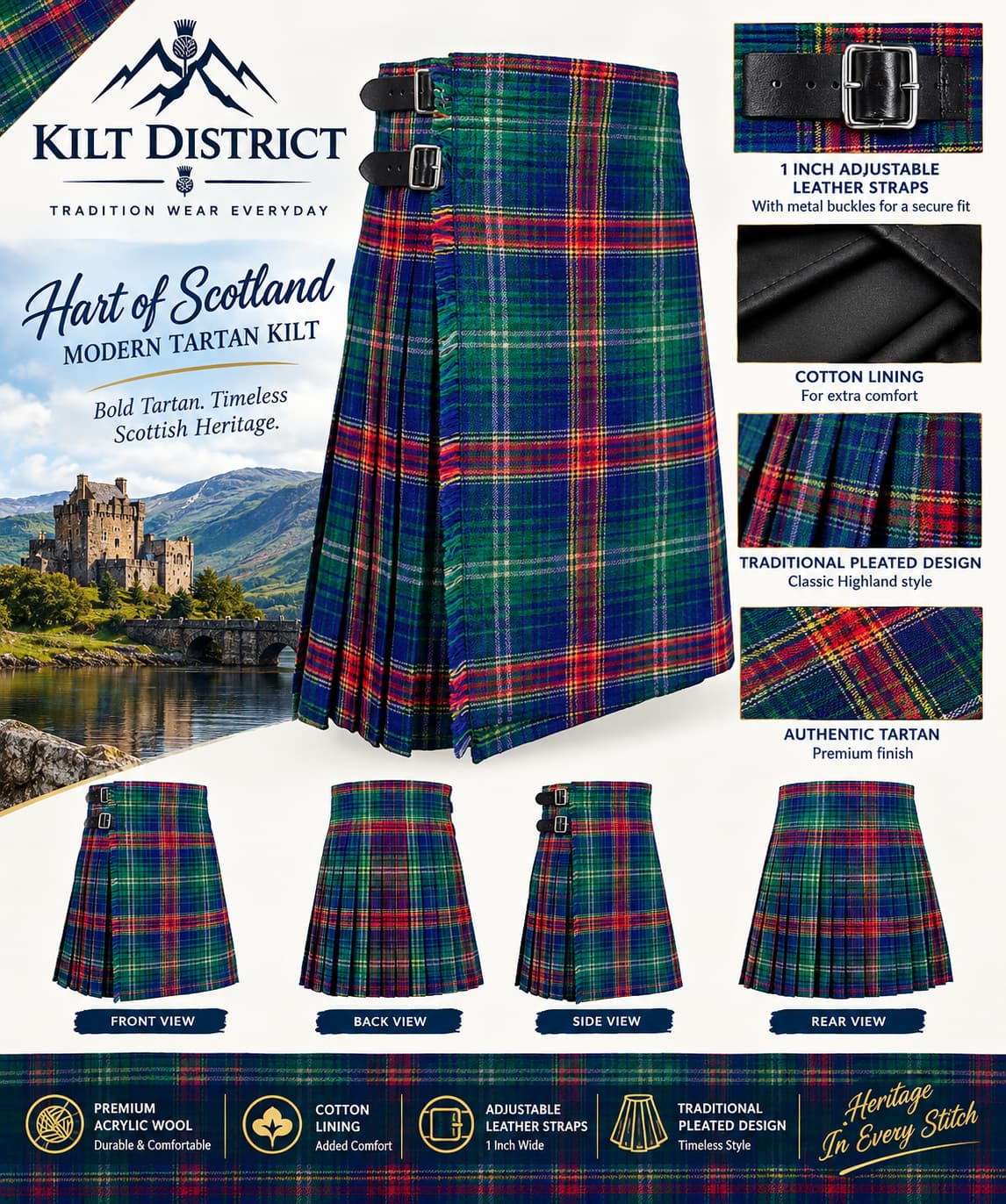 A promotional product graphic for a tartan kilt from Kilt District, showing a large front view of the kilt in a red, green, blue, and yellow plaid pattern, with smaller side/back views at the bottom. The layout includes feature callouts such as adjustable leather straps, cotton lining, traditional pleated design, and authentic tartan fabric, plus a scenic Highlands background and brand text.
