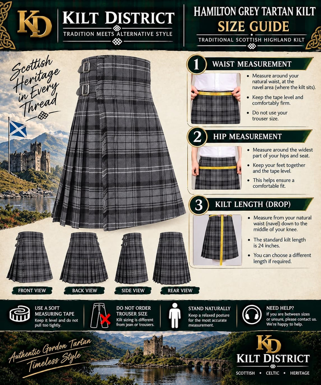 A size guide poster for a Kilt District branded Hamilton Grey Tartan Kilt, showing a large plaid kilt with front, back, side, and rear views, plus measurement instructions for waist, hip, and kilt length with illustrated guides and a small photo of a person wearing the kilt outdoors.