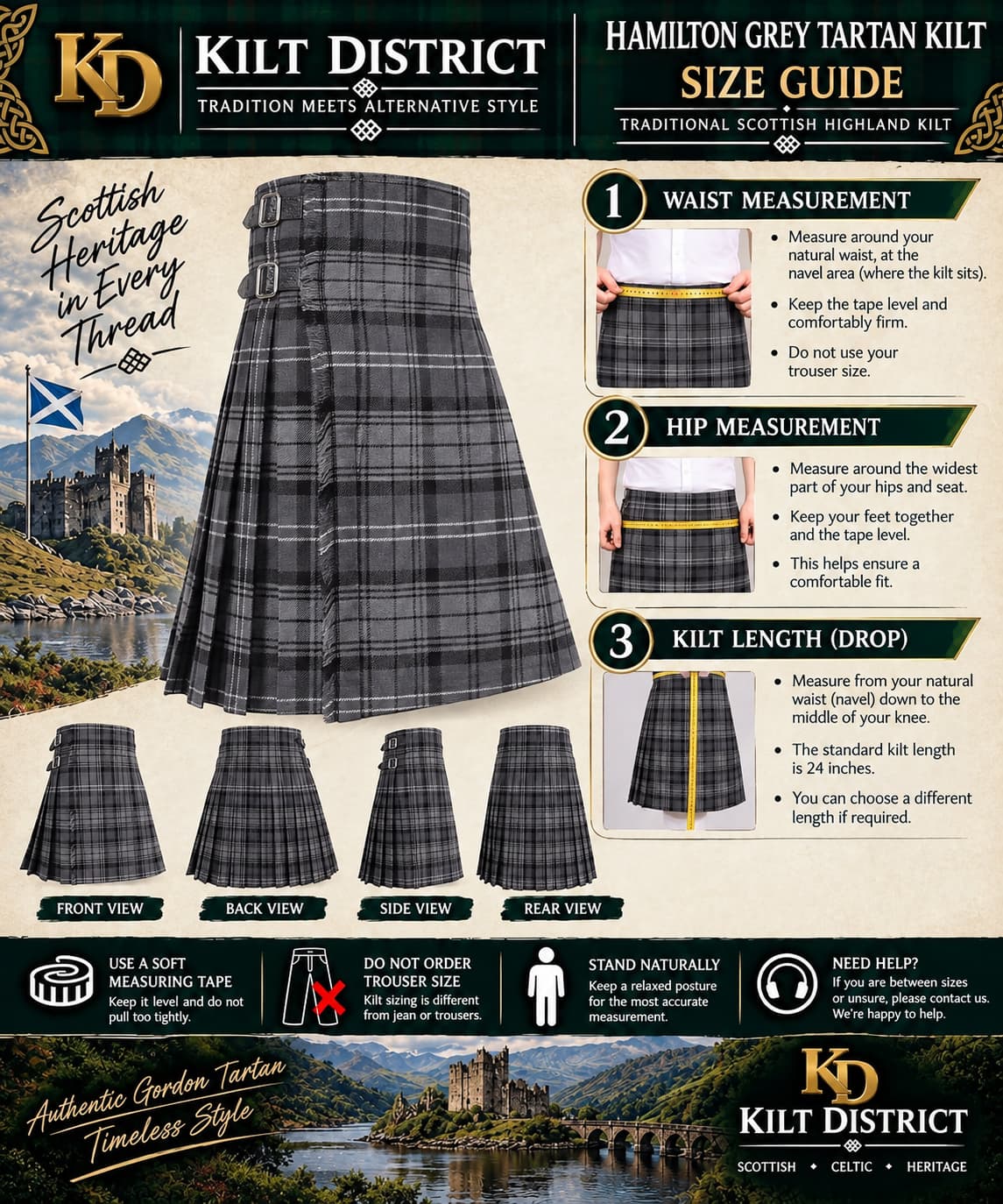 A size guide poster for a Kilt District branded Hamilton Grey Tartan Kilt, showing a large plaid kilt with front, back, side, and rear views, plus measurement instructions for waist, hip, and kilt length with illustrated guides and a small photo of a person wearing the kilt outdoors.