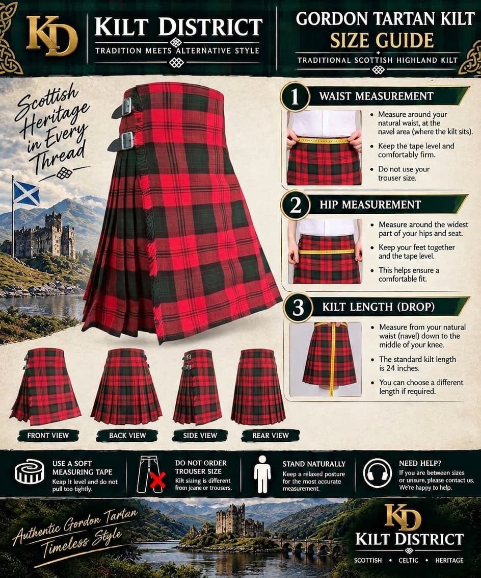 A size guide infographic for the Gordon Tartan Kilt from Kilt District, showing a red and black tartan kilt with detailed measurement instructions for waist, hip, and kilt length, alongside front, back, side, and rear views.