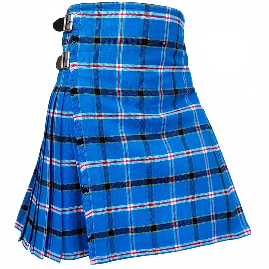 Oklahoma Tartan Kilt in blue with black, red and white tartan pattern, pleated Scottish-style men's kilt with side buckles Side