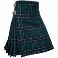 A dark green tartan kilt with white and thin black windowpane plaid lines, featuring a pleated body and a high waistband secured with two silver metal buckles.