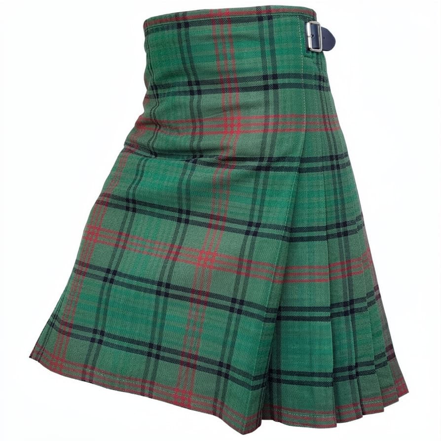 Rose Hunting Ancient Tartan Kilt in green, black and red Scottish tartan with adjustable side buckles and traditional pleated design Side