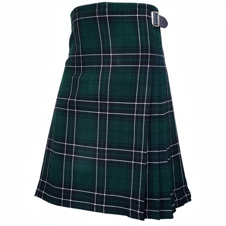 A dark green tartan kilt with white and black plaid lines, featuring a pleated skirt and a silver buckle closure at the waist, shown against a plain white background.