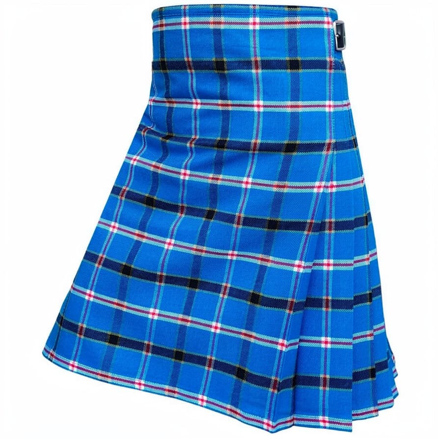 Oklahoma Tartan Kilt in blue with black, red and white tartan pattern, pleated Scottish-style men's kilt with side buckles Side