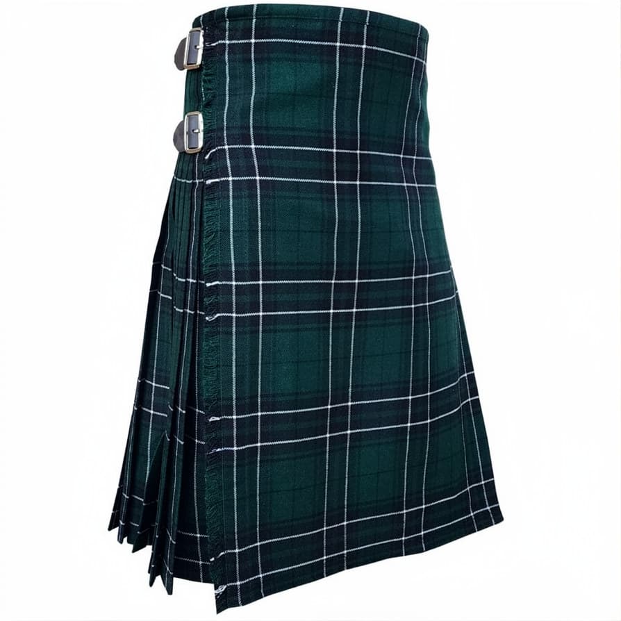 A dark green tartan kilt with white and black plaid lines, featuring a pleated body and a waist belt with two silver metal buckles, shown against a plain white background.