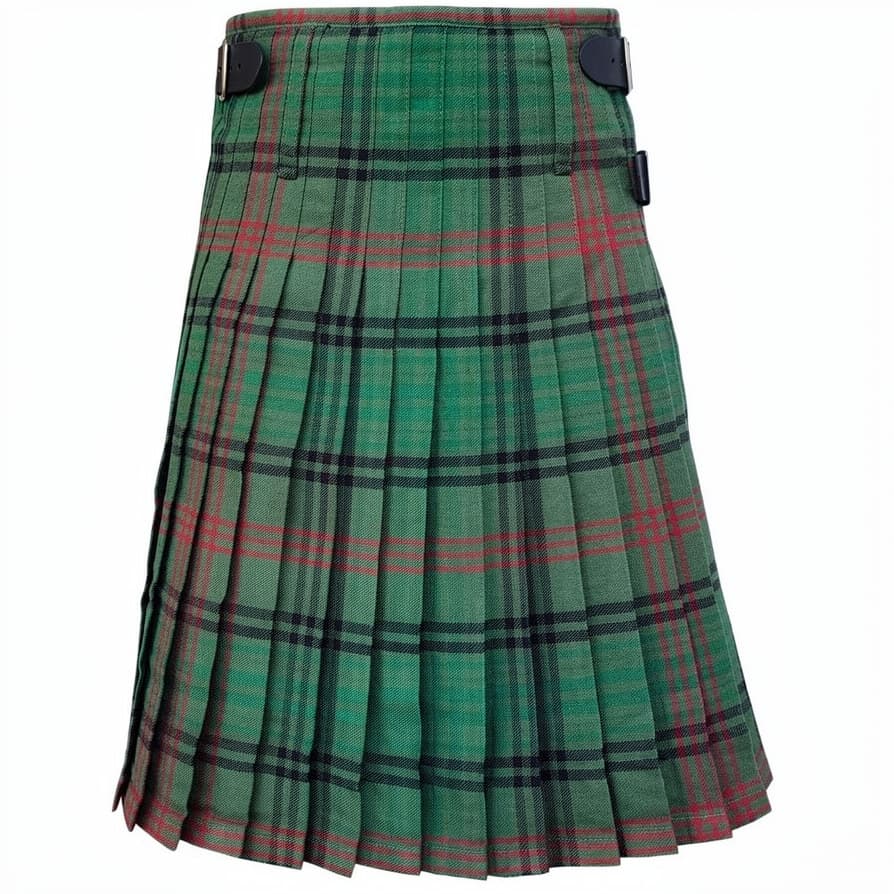 Rose Hunting Ancient Tartan Kilt in green, black and red Scottish tartan with adjustable side buckles and traditional pleated design Back Side