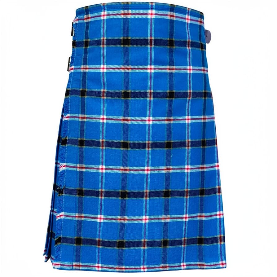 Oklahoma Tartan Kilt in blue with black, red and white tartan pattern, pleated Scottish-style men's kilt with side buckles Front Side