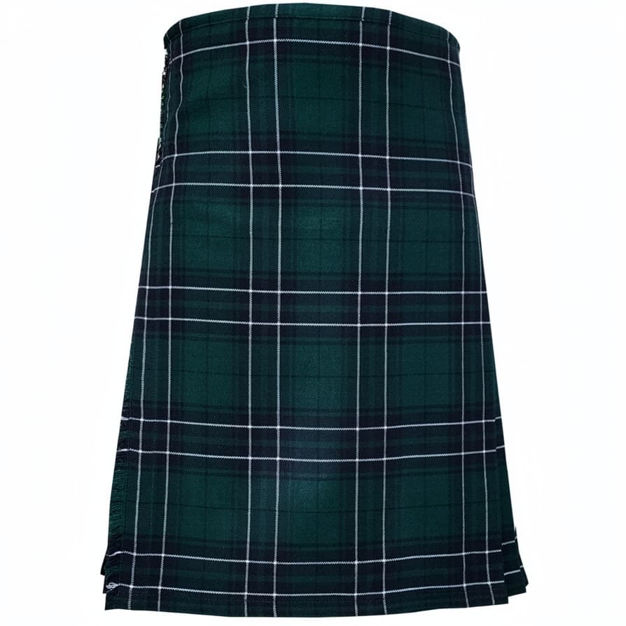 A dark green tartan kilt with white and black plaid lines, shown flat against a solid white background.