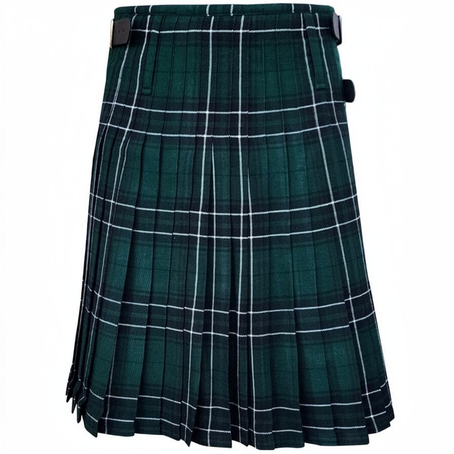 A dark green pleated kilt with a white and black tartan plaid pattern, featuring a black belt with a silver buckle at the waist.