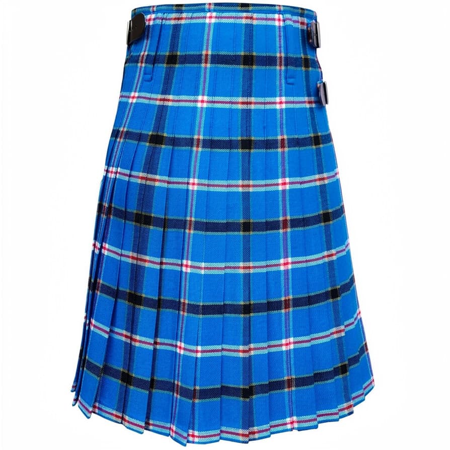 Oklahoma Tartan Kilt in blue with black, red and white tartan pattern, pleated Scottish-style men's kilt with side buckles Back Side