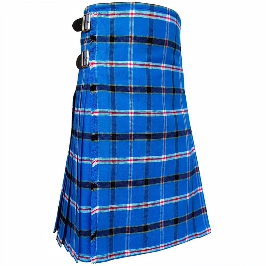 Oklahoma Tartan Kilt in blue with black, red and white tartan pattern, pleated Scottish-style men's kilt with side buckles Side